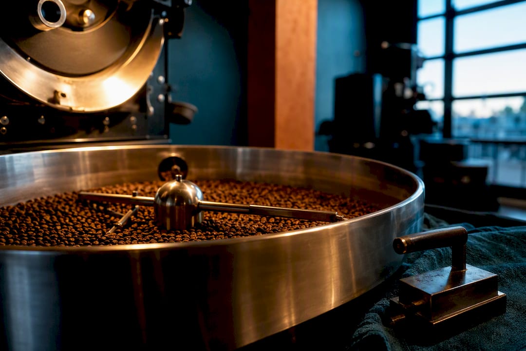 Freshly roasted beans cooling beside date tool