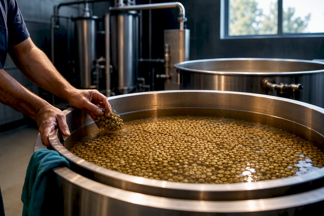 Green coffee beans soaking in decaffeination facility