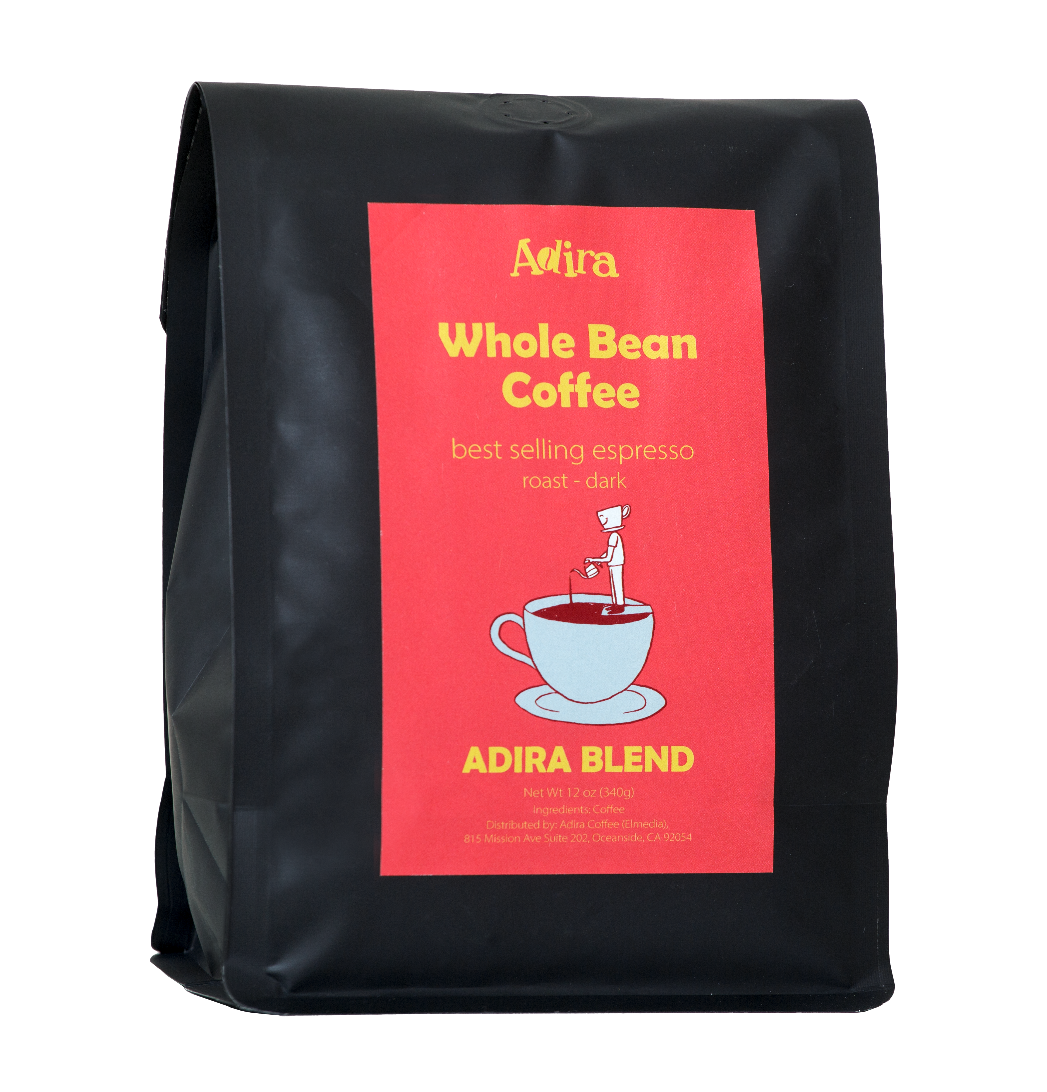 Black coffee bag with a red label featuring 'Adira Blend' branding and coffee-themed graphics on a white background.