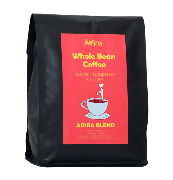 Black coffee bag with a red label featuring 'Adira Blend' branding and coffee-themed graphics on a white background.