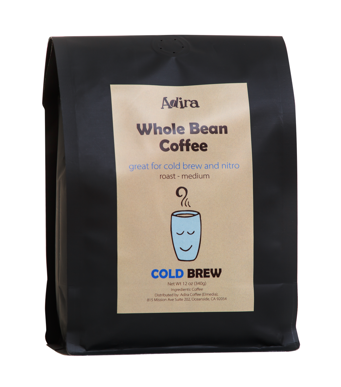 Black coffee bag with a beige label featuring 'Adira Cold Brew' branding and coffee-related text on a white background.