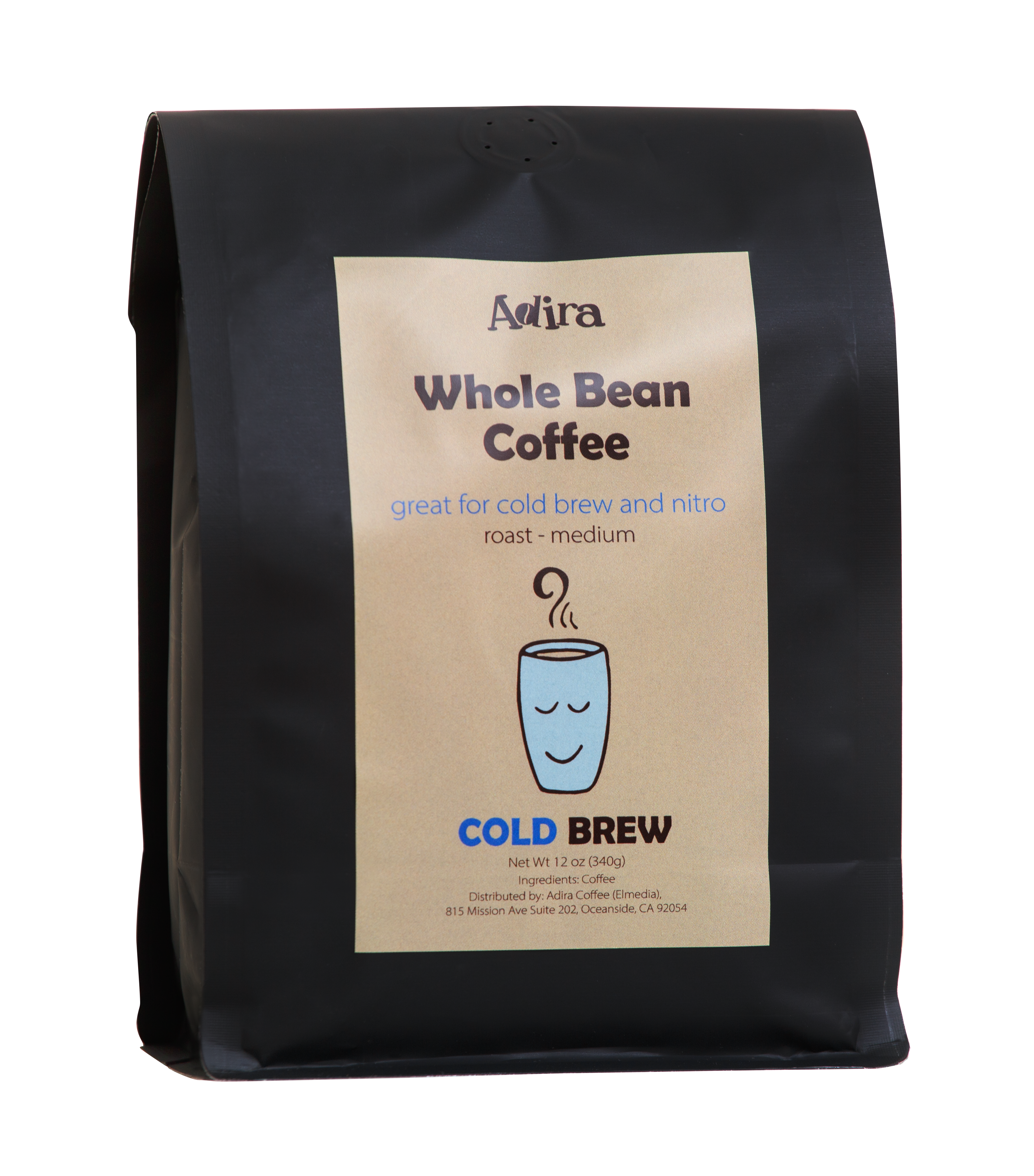 Black coffee bag with a beige label featuring 'Adira Cold Brew' branding and coffee-related text on a white background.