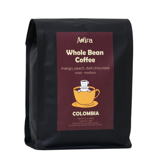 Adira Colombia whole bean coffee package with maroon label on a white background