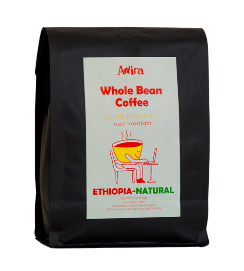 Black coffee bag with a white label featuring 'Adira Ethiopia-Natural' brand on a white background