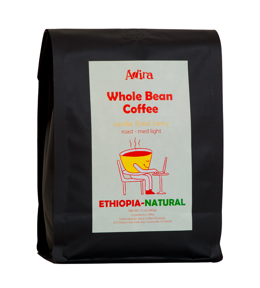 Black coffee bag with a white label featuring 'Adira Ethiopia-Natural' brand on a white background
