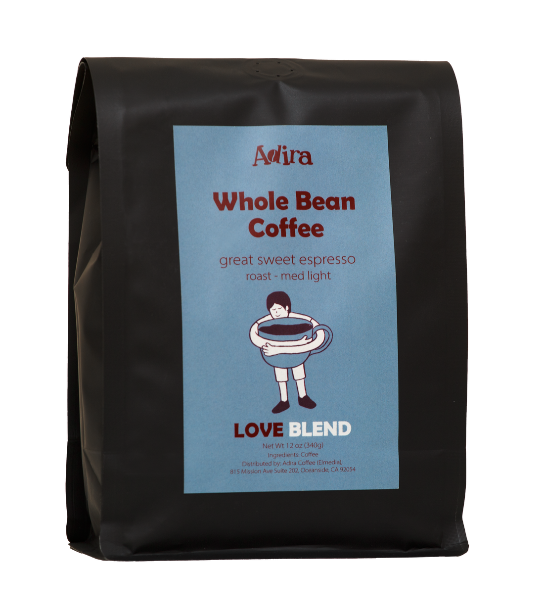 Black coffee bag with a blue label featuring 'Adira Love Blend' branding and coffee description on a white background.
