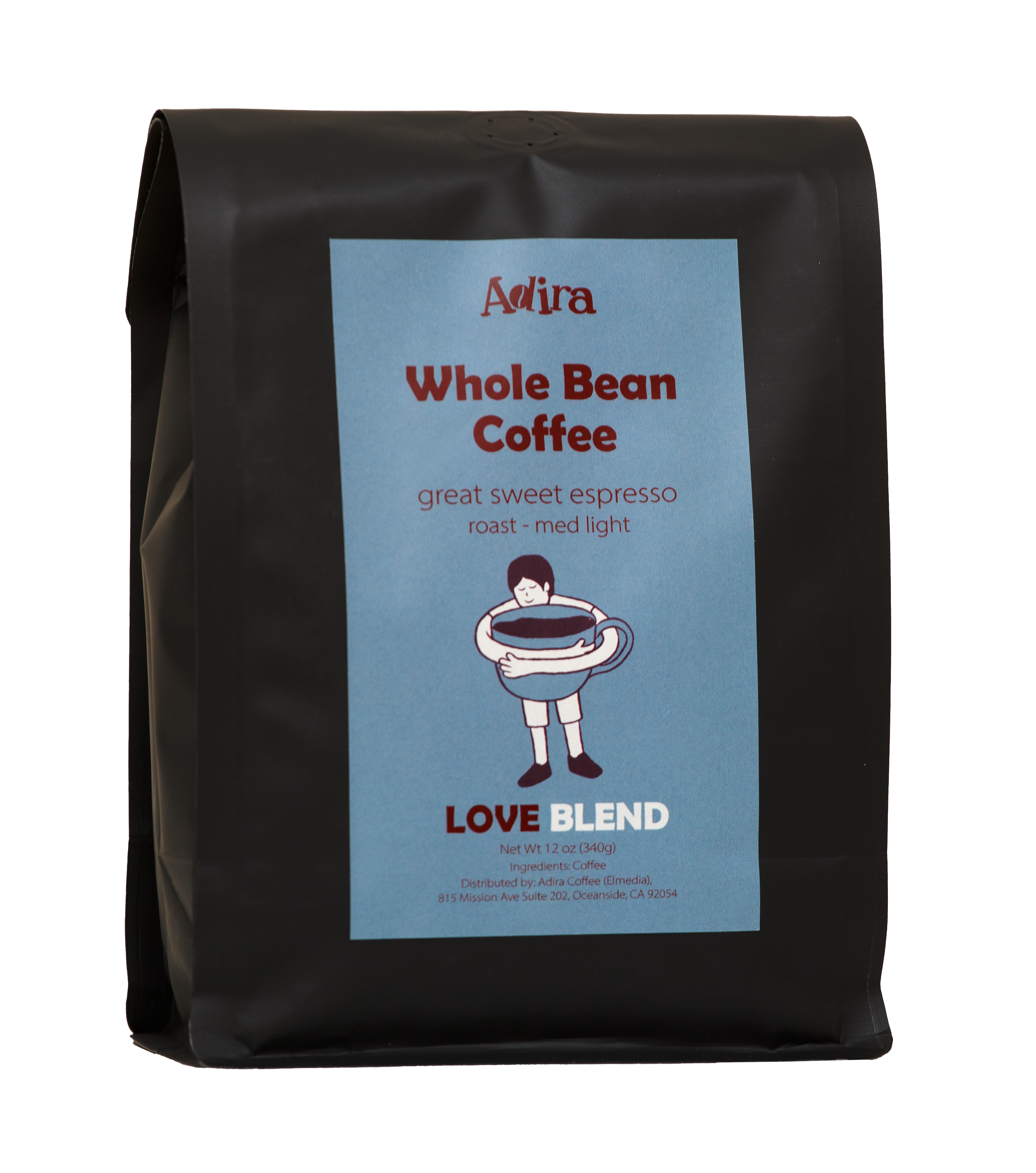 Black coffee bag with a blue label featuring 'Adira Love Blend' branding and coffee description on a white background.