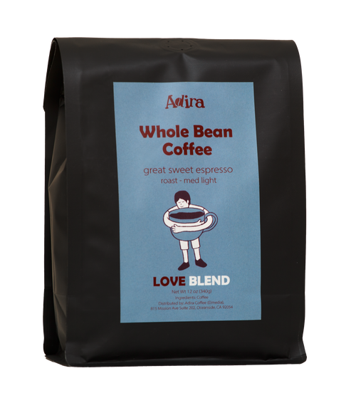Black coffee bag with a blue label featuring 'Adira Love Blend' branding and coffee description on a white background.