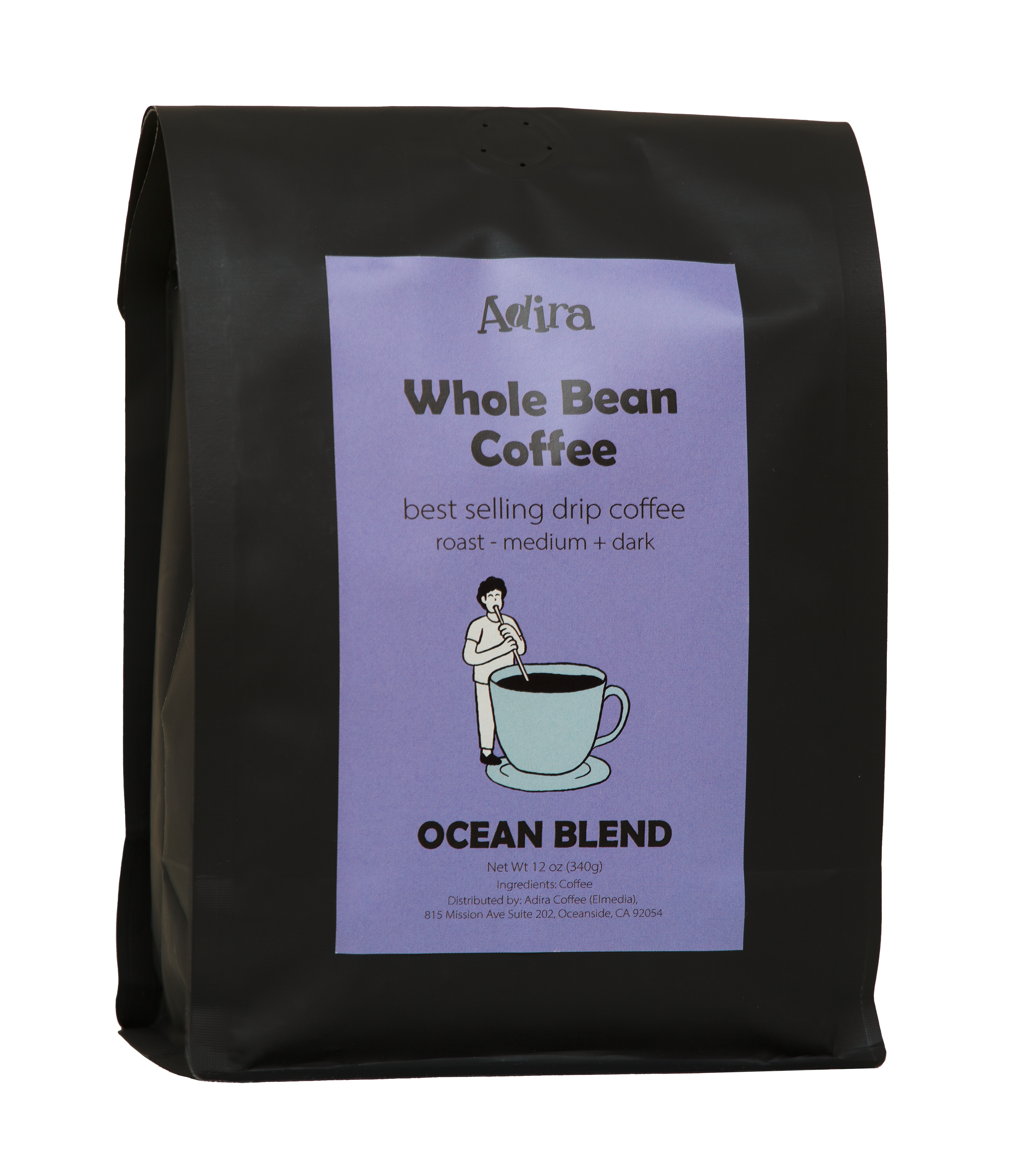 Black coffee bag with a purple label featuring 'Adira Ocean Blend' branding and coffee graphics on a white background.