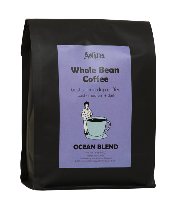 Black coffee bag with a purple label featuring 'Adira Ocean Blend' branding and coffee graphics on a white background.