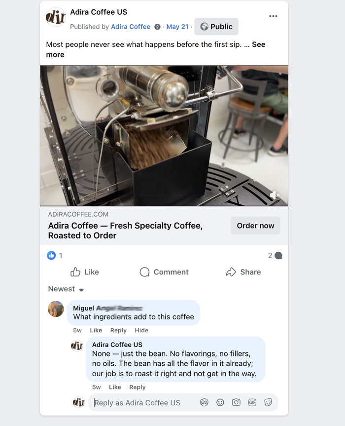 Miguel asks what is added to the coffee — Facebook comment