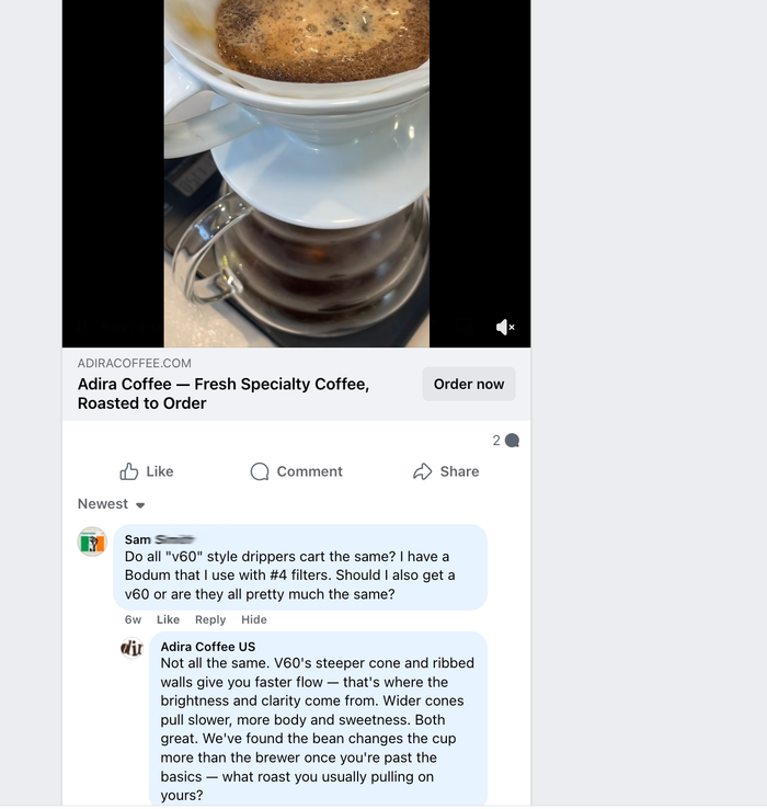 Sam asks which pour-over dripper to buy — Facebook comment